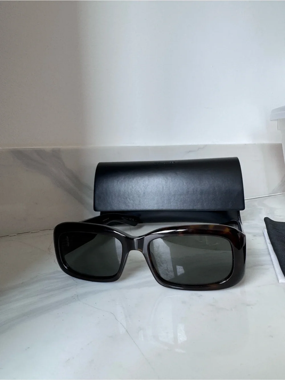 Saint Laurent Glossy Dark Havana Rectangular Sunglasses with Dark Lenses